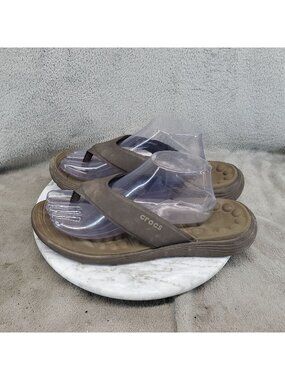Crocs Shoes Mens Size 12 Brown Synthetic Reviva Flip Flop Thong Sandals *Read*